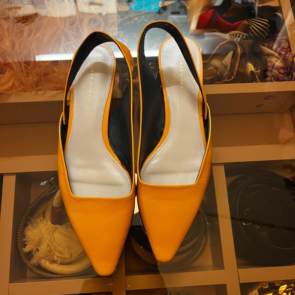 Zara Women Orange Leather Sling Back Mules